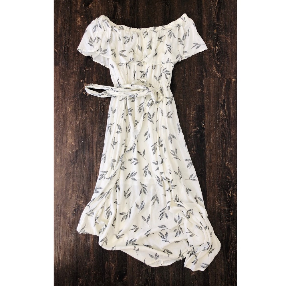 White olive branch print off the shoulder dress